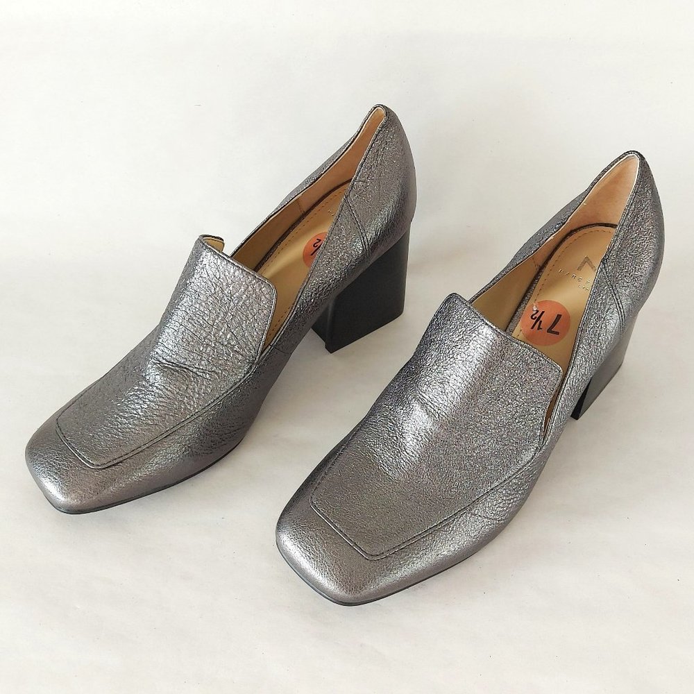 Marc Fisher Marlo Gray Metallic Square Toe Pumps 7.5 Block Heel Marlo Minimalist